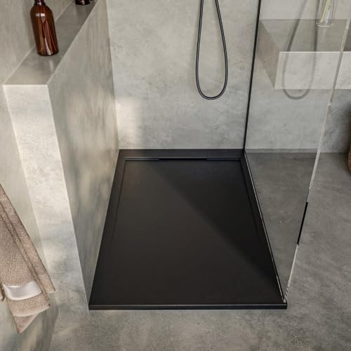 SoulHome Plato de Ducha Resina NEGRO 180x80 Diseño Mismo Color | Antideslizante C3, Extraplano, Resina y carga mineral, Textura Liso Piedra, Antibacteriano, Gel-coat, Incluye válvula desagüe