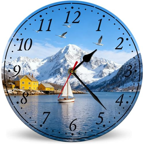 Horienteeon Orologio da parete vintage a forma di nave sul lago, 25 cm, silenzioso, senza ticchettio, a batteria, decorazione rustica, per camera da letto, bagno, soggiorno, bambini