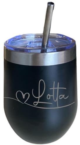 Weinbecher To Go mit Name | Personalisierter Thermobecher mit Gravur | 350ml Trinkbecher für heiß & kalt (Variation 3, Schwarz & Silber)