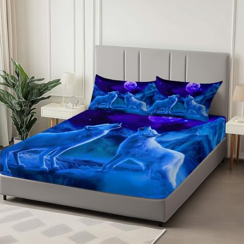 Lenzuola Matrimoniali Fantasia Animali Lupo, Blu Set Lenzuola con Angoli in Microfibra con Angolo Fino a 30 cm con 2 Federe, Set completo da letto per Bambini e Adulti, 180 x 200 cm