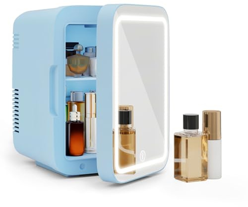 eklipt 4 Liter Mini Fridge with Dimmable LED Mirror, AC/DC Skincare Fridge | 6-Can Portable Beauty Fridge for Makeup, Skincare, Food, Desk Refrigerator for Bedroom, Office, Car, Blue[Energy Class F]