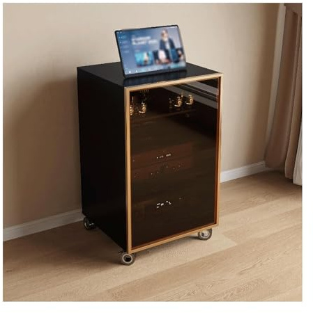 PZEOB Audio-Rack-Ständer, 2/3-stufiges Audio-/Video-Regalsystem mit Glastüren und verstellbaren Regalböden, Medienschrank aus Holz, Stereo-Ständer(Svart,45x55x80cm)