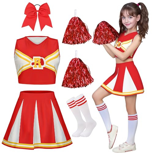 XFOZDM Deguisement Pompom Girl Enfant Deguisement Cheerleader Fille Costume Pom Pom Girl Fille Tenue de Pompom Uniforme avec Bandeau Pompons et Chaussettes pour Carnaval Halloween Fête