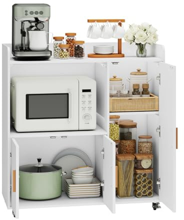 YU YUSING Meuble Micro-Ondes à roulettes 90x40x96.5cm, Desserte de Cuisine avec Plan de Travail - Chariot Rangement, Îlot Central avec Portes et Étagère Réglable, Meuble Bas Salle à Manger, Blanc
