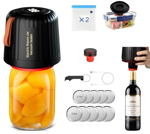 Mason Jar - Tarro de conservas al vacío para tarros de conservas, compatible con bolsas de vacío, botellas de vino, tarros de conservas con boca ancha y normal con 10 tapas, 2 bolsas de envasado al