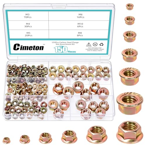 Cimeton 150PCS Carbon Steel Serrated Metric Flange Nuts Assortment Kit Hex Lock Nuts M3 M4 M5 M6 M8 M10 Flange Locknuts for Machinery Manufacturing Industrial DIY Use Color Zinc