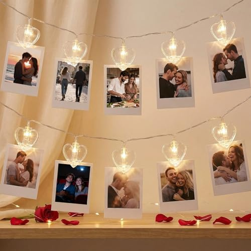 20 Photo String with Clips for Hanging Pictures,9.85Ft Valentine's Day Clear Photo Clip Lights for Wall Bedroom Wedding Birthday Party Home Decorations (Heart)