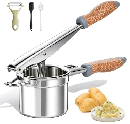 ANJUKE Kartoffelpresse Edelstahl mit fester Scheibe, Robuster Kartoffelstampfer mit Holz-Kunststoff-Griff, Inkl. Keramikschaber, Silikonspatel & Reinigungsbürste für Kartoffelpüree
