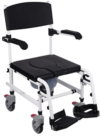 Akriva fahrbarer Toilettenstuhl mit verstellbarer Sitzhöhe aus Aluminium mit gepolsterter Sitzfläche und Eimer - Toilettenrollstuhl - Zimmerrollstuhl - WC-Rollstuhl