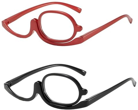 Rivvra 2 Pcs Makeup Reading Glasses with Flip-Down Lens, +2.50 & +3.50 Magnification Rotating Single Lens Cosmetic Eyeglasses for Women (Black and Red)
