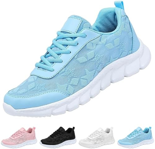 Kvinnors lyxiga ortopediska sneakers andningsbara nät slip-on löpning träningsskor bekväma blommigt tryck snörning promenadskor, BLÅ, 37 EU