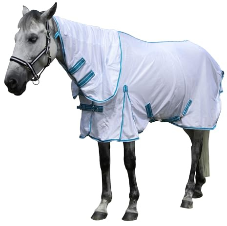 Gallopoff Couverture Anti-Mouches pour Chevaux, Mailles Larges Blanc 140 cm | Respirante, Légère, Protection UV, Ajustable, Encolure Standard, pour l'Été dans les Paddocks et les Écuries