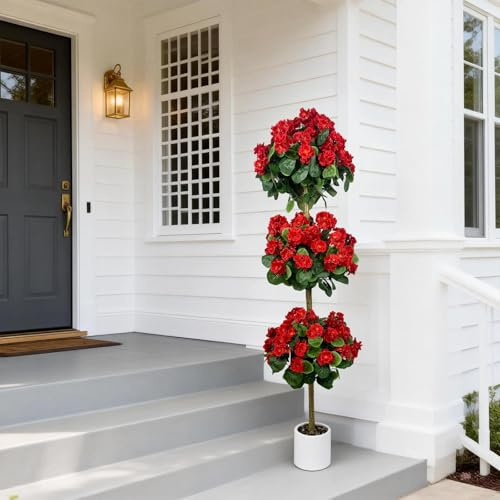 Garvee Árbol de geranio artificial, planta sintética de 150 cm de alto con diseño de tres bolas en maceta decorativa, flores de seda realistas, resistente a los rayos UV, bajo mantenimiento, para el