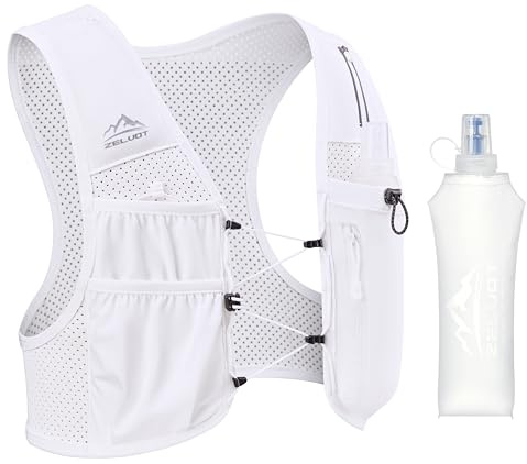Zelvot Laufweste für Damen und Herren mit 500ml Trinkflasche, Europäisches Originalpatent, Verstellbare Brustgurte, Ultraleicht & Atmungsaktiv, Reflektierende Trinkweste Laufen (Weiß, M-L)