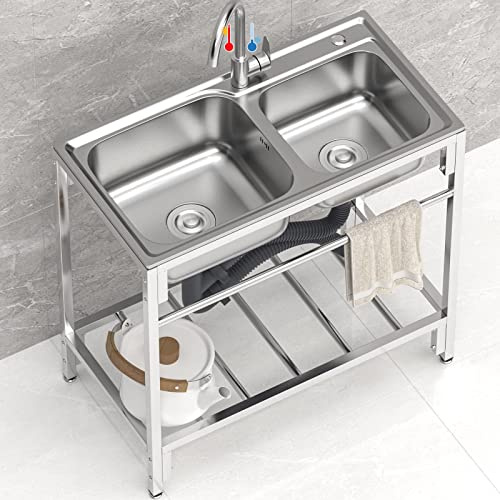 WIQUYBML Lavabo da Esterno a Doppia Vasca autoportante, lavabo Multiuso, Ideale per cucine Commerciali, Garage, lavanderie e Giardini, Dimensioni: 80 cm x 45 cm x 85 cm (Altezza).