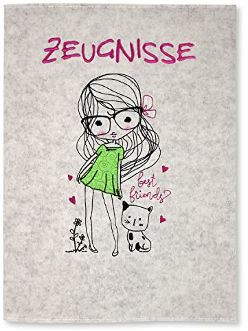 Goldi-Design Zeugnismappe Mädchen mit Katze weiß 100% Wollfilzumschlag und Sichtbuch DIN A4 mit 20 Hüllen