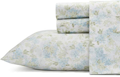 Laura Ashley - Queen Sheets, Soft Sateen Cotton Bedding Set - Sleek, Smooth, & Breathable Home Decor (Rena Teal, Queen)