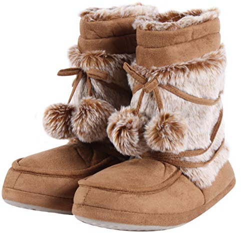 Amzhom House Boots for Women, Indoor Bedroom Home Slippers Warm Fluffy Plush Lining Women's Cozy Soft Shoes with Pompoms US Size 11/12, Khaki