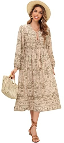 R.Vivimos Elegante Casual Mujer Bohemio Vestido Largo Estampado Corbata Manga Larga Vestido de Midi de Playa Vestido de Vacaciones(M,LightKhaki#)