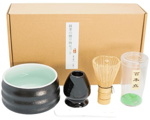 Cupplement Matcha Kit de démarrage à thé noir avec batteur/fouet en bambou/whisk - Cuillère - Bol/Bowl - Support japonais - Cadeau - Boîte de rangement - Sans poudre - Boîte cadeau - Service à thé