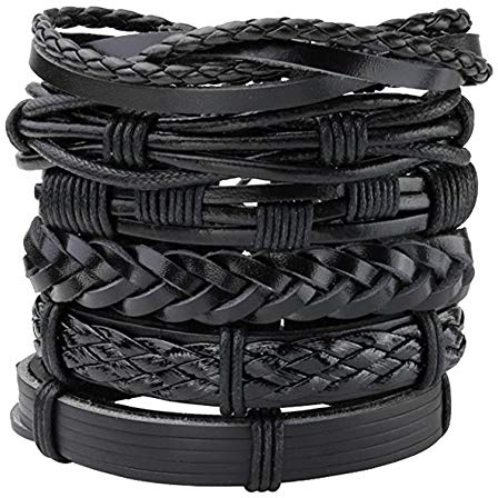 JJDreams 6PCS Punk Armband Herren Armbänder Set Schwarz lederarmband Gothic Geflochtene Armreif Leder