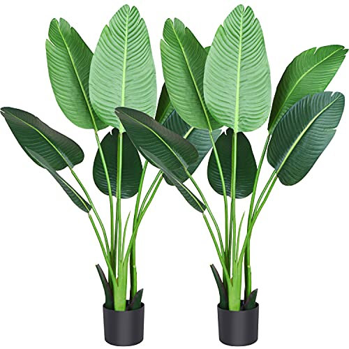 Fopamtri Künstliche Pflanze Künstlicher Paradiesvogel Baum 120cm Plastik Pflanze Palme im Topf Tropical Hawaii Grün Fake Plant für Schlafzimmer Wohnzimmer Garten Deco(2 Pack)