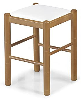fanmuebles - Sgabello di legno classico ciliegio Monaco - Similpelle bianca