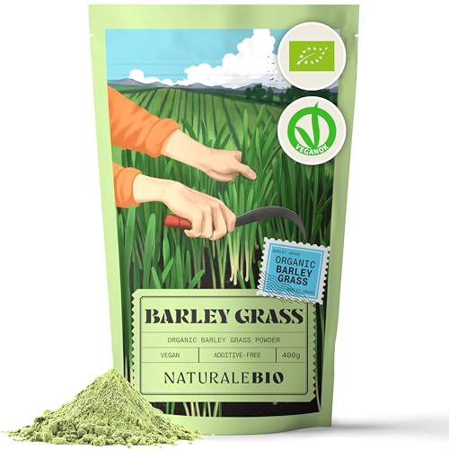 NaturaleBio Hierba de Cebada en Polvo Orgánica Cruda, 400g. Ecológica, natural y pura, cultivada en Europa. Ideal para jugo verde, batidos o recetas. Apta para vegetarianos y veganos.