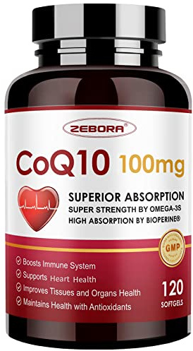 ZEBORA CoQ10-100mg-Softgels with PQQ, BioPerine & Omega-3, High Absorption Coenzyme Q10 Supplement, Powerful-Antioxidant, Support Heart & Energy-Production 120 Servings, Non-GMO