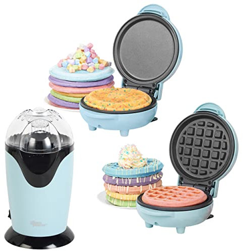 Giles & Posner COMBO-8148 Pastel Treat Set - Dessert Set with Waffle Maker, Electric Popcorn Maker, Mini Snack Maker for Pancakes, Non-Stick Cooking Plates, Easy to Clean, Sweet & Savoury Treats, Blue