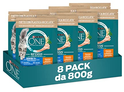 PURINA ONE Bifensis Senior Katt kroketter 11+ Rik i kyckling och fullkorn - 8 påsar på 800 g vardera