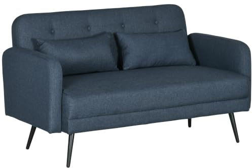 HOMCOM Divano 2 Posti con Rivestimento in Tessuto e 2 Cuscini, Divanetto Moderno con Struttura in Legno e Acciaio, 135x74x82cm Blu Scuro