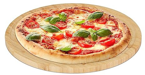 Relaxdays Tabla para Pizza, Bambú Natural, Ø 32 cm, Plato Redondo para Servir y Cortar, Tablero Madera Quesos, 1.5 x 32 x 32 cm
