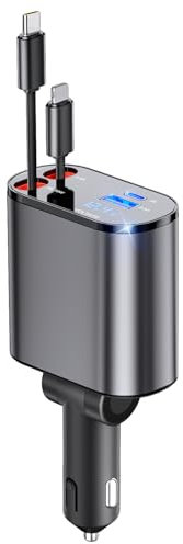 Aimtel Einziehbares Auto Ladegerät Zigarettenanzünder USB Adapter 66W Schnellladegerät KFZ Ladegerät USB C Zigarettenanzünder Kompatibel mit iPhone16/16 Pro Max/15/Galaxy S25/S25 Ultra/S24/Pixel 9