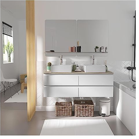 MOB-IN Set mit Doppelwaschbecken, Weiß, 120 cm + 2 Waschbecken + 2 Spiegel + 2 Wasserhähne Sorrento