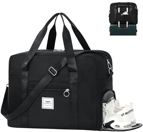 FIORETTO EasyJet Cabin Bag 45x36x20, Womens Travel Bag with Shoes Compartment, Overnight Bag, Weekend Holdall for Gym and Sports 32L Black