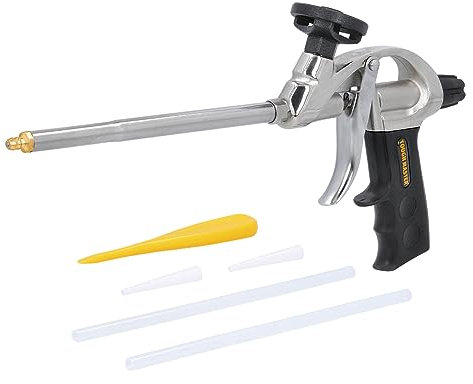 Pistola per schiuma in poliuretano professionale, tubo in acciaio inox, regolatore di flusso di schiuma, pratico grilletto, viene fornito con 2 ugelli, 2 tubi di prolunga, 1 pistola applicatore in