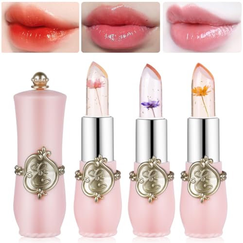 LOPHE Clear Flower Jelly Lipstick, Magic Temperature Color Change Lip Balm, Långvarig fuktgivande läppglansset, Näringsrik Crystal Lip Stick Makeup-set (3pcs, set)