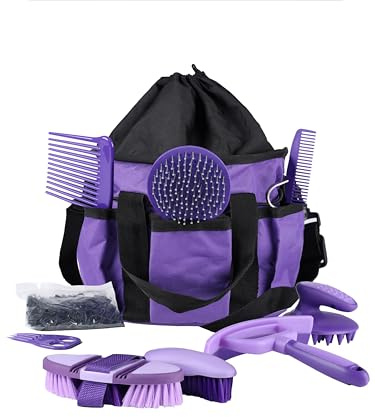 Harrison Howard Horse Grooming Kit, 9-Piece Complete Grooming Tools Set with Non-Slip Silicone Grip for Daily Horse Care, Bathing & Shedding Purple