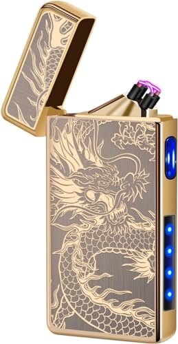 Electronic Lighter Arc Plasma Lighter with Battery Indicator, USB C Rechargeable Lighter Windproof Portable Pocket Camping Lighters (Gold Dragon)