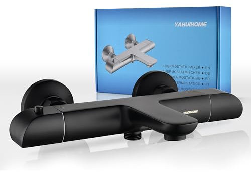 YAHUIHOME Miscelatore Termostatico per Vasca da Bagno, Nero Rubinetto per Vasca da Bagno Rubinetto Doccia Termostatico con 2 Funzioni, Miscelatore Termostatico Doccia con blocco di sicurezza a 38° C