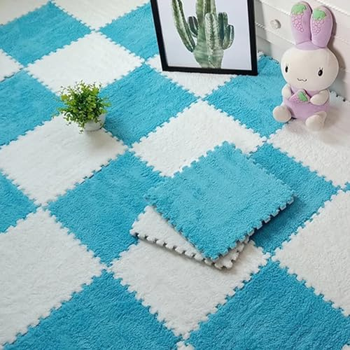 Lot de 10/20 dalles de moquette emboîtables en mousse, tapis de sol puzzle en peluche 30 x 30 cm avec bordure pour salon/chambre à coucher (10 pièces bleu + 10 pièces blanc)