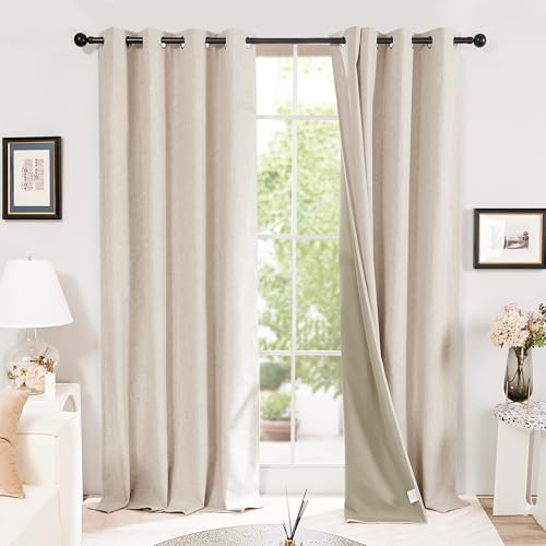 Deconovo Total Blackout Curtains 90 Inch Faux Linen Thermal Insulated Eyelet Curtains for Living Room, Pale Khaki, 2x W66 x L90