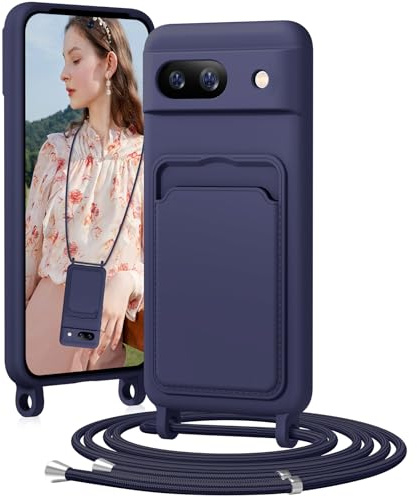 BENTIACC Handykette Silikon Hülle für Google Pixel 8A mit Band, Handyhülle mit Kartenfach, Abnehmbar Kordel Kette, Stoßfeste Schutzhülle für Google Pixel 8A (Marineblau)