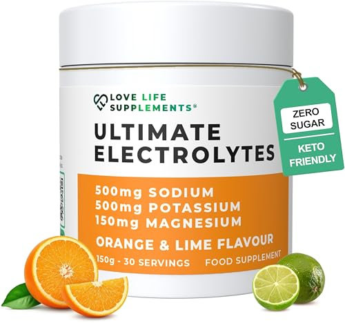 Ultimate Electrolytes Powder, 500mg Sodium, 500mg Potassium, 150mg Magnesium, 150g - 30 Servings, Pink Himalayan Salt For Hydration, Orange & Lime Flavour, Sweetened with Stevia- Love Life Supplements