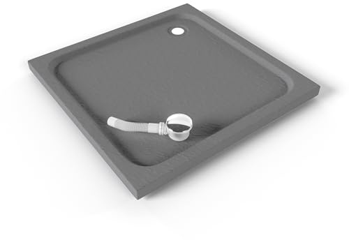 Plato de Ducha Acrílico 90x90 cm Gris| Textura Pizarra Antideslizante | Extraplano 5 cm | – Incluye válvula y rejilla | Moments of Glass
