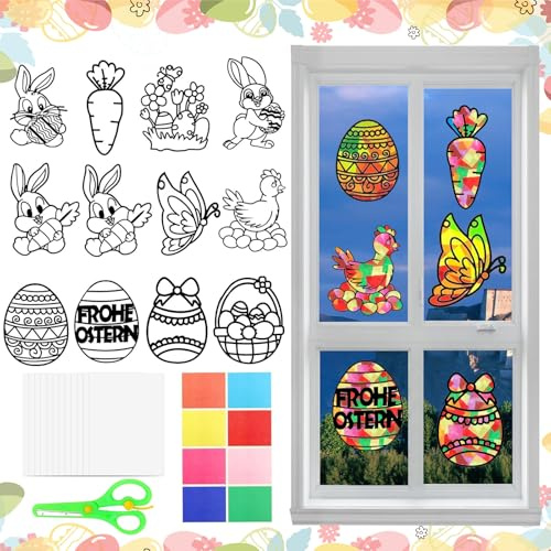 Bastelset Ostern Fensterbilder, 12 Stück Ostern Papierbastelset, Fensterbilder Basteln Frühling für Kinder, Osterdeko zum Basteln für Ostern, für Mädchen Jungen Frühling Ostern Party Geschenk