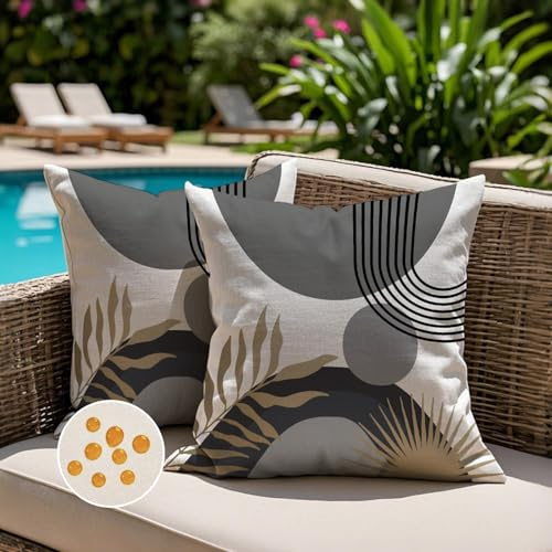 Jayusaror Outdoor Kissenbezug 50x50 Wetterfest Grau Sofakissen Kissenhülle Boho Modern Minimalistisch Geometrische Tropische Blätter Sommer Kissen Kissenbezüge für Sofa Garten Deko 2er Set