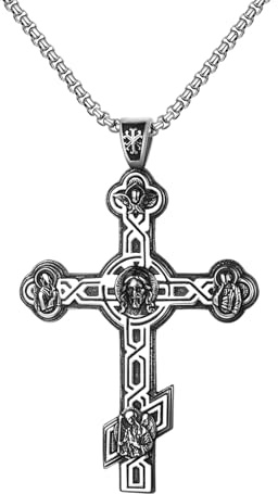 JewelryWe Orthodoxes Kreuz Halskette Herren Edelstahl Russisch Östlich Orthodoxer Kruzifix Kette mit Jesus Anhänger Religiöse Christliche Halskette Authentischer Christen Amulett Schmuck