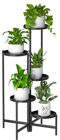 locwanot 5-stöckiger Pflanzenständer aus Metall, mehrstöckig, Eisenkunst-Blumentopf-Präsentationsregal für den Innen- und Außenbereich, stilvolles Eckregal für Wohnzimmer, Garten, Balkon, Schwarz,